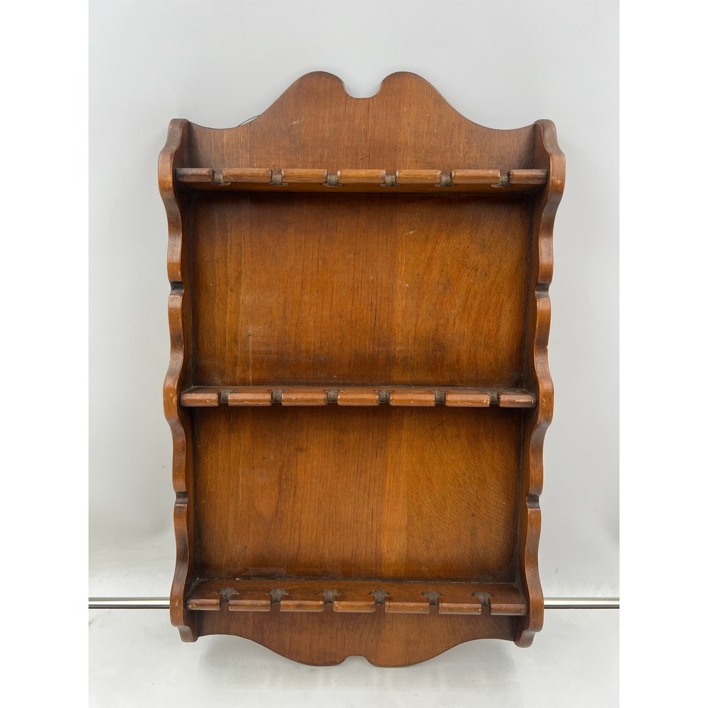 Vintage Wooden Spoon Display Rack Wall Hanging Scalloped 18 Slot 3 Tier Brown